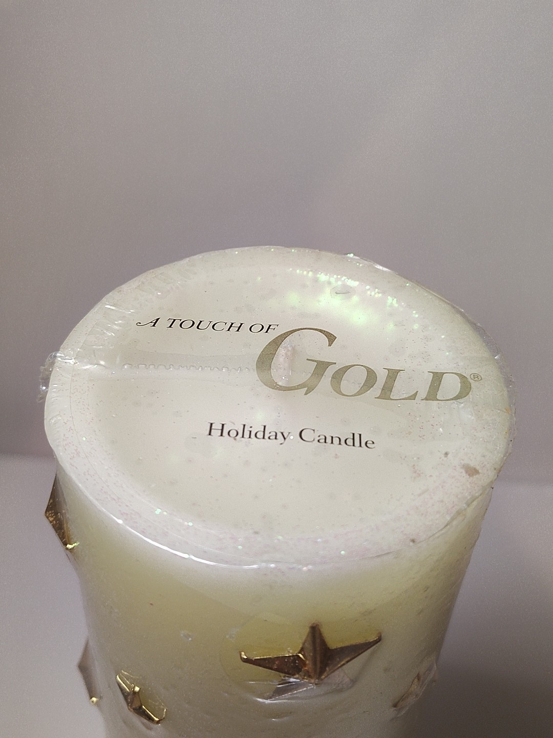 Vintage “A Touch of Gold” Wax Pillar Candle Glitter Cream Gold Stars 9.25″ New