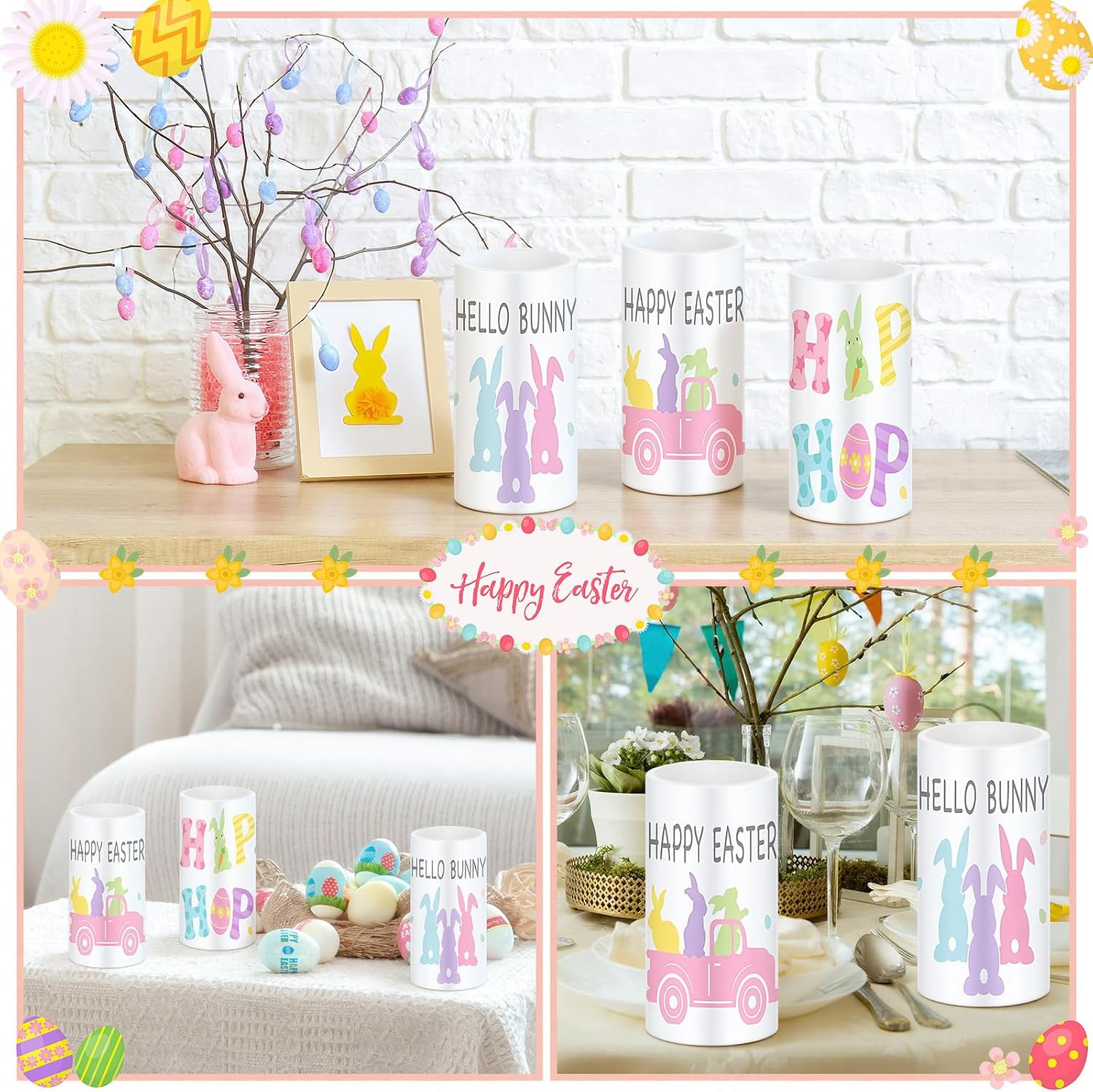 3 Pcs Pastel Easter Flameless LED Candles Battery Operated Bunny Spring Flickeri