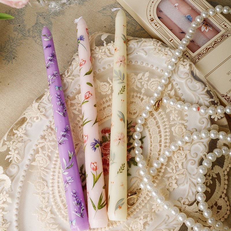 2Pack Floral Print Taper Candles, Smokeless Tapered, 10 in Fancy Dinner Candles
