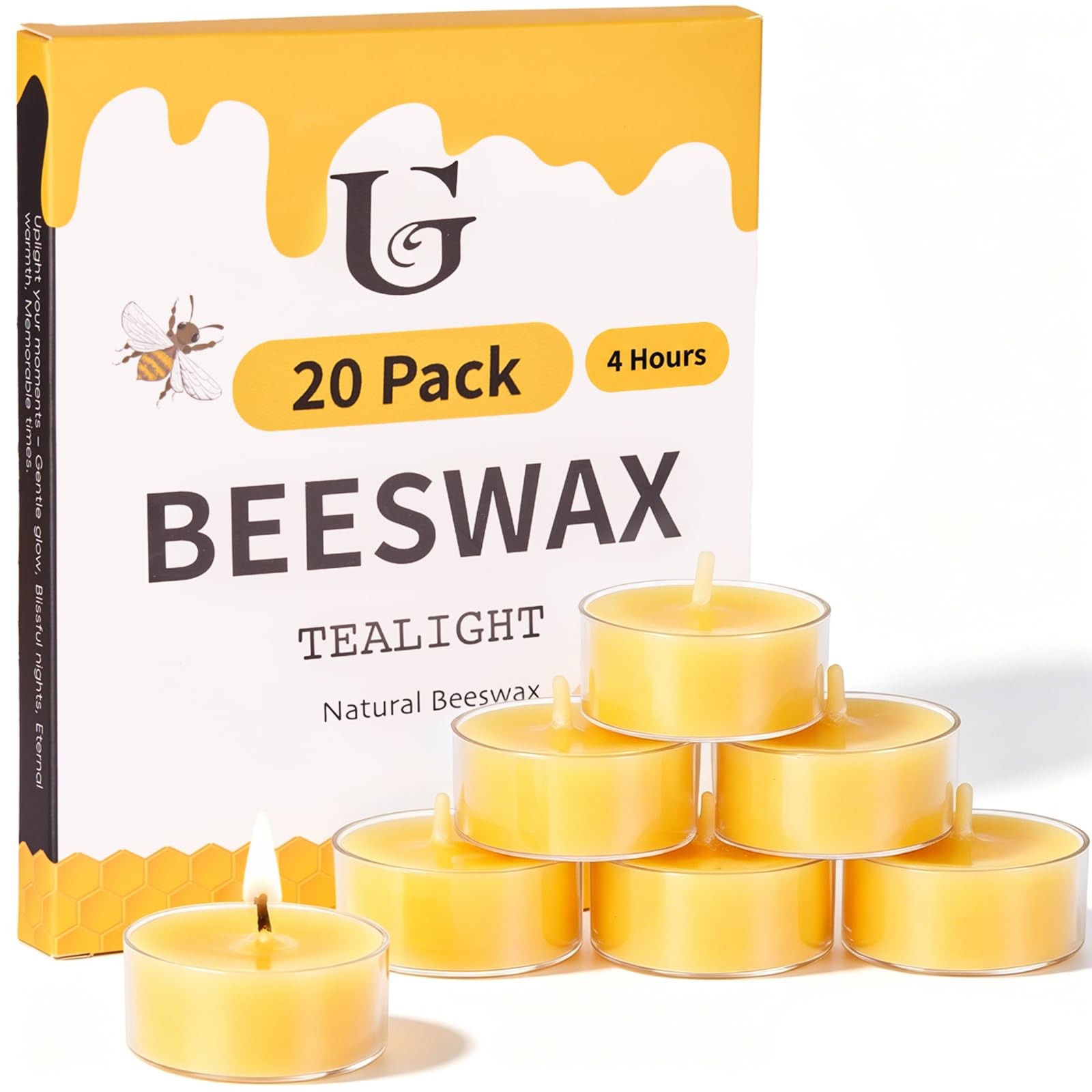 UGBEM Beeswax Tea Light Candles Bulk 4 Hour Non Toxic Natural Pure Bees Wax