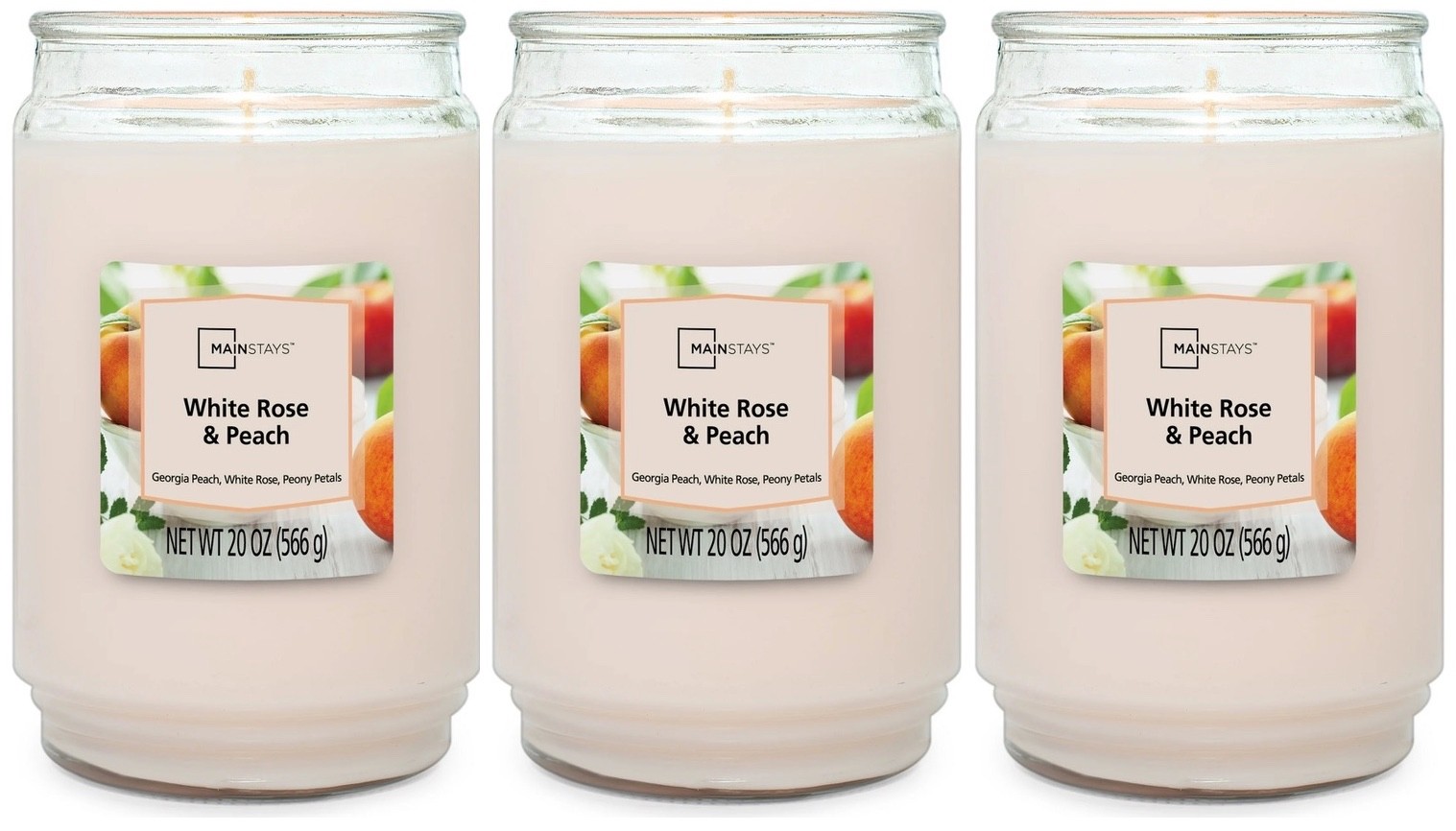 3 Mainstays WHITE ROSE & PEACH Large 1-Wick Tall Scented Candle 20oz