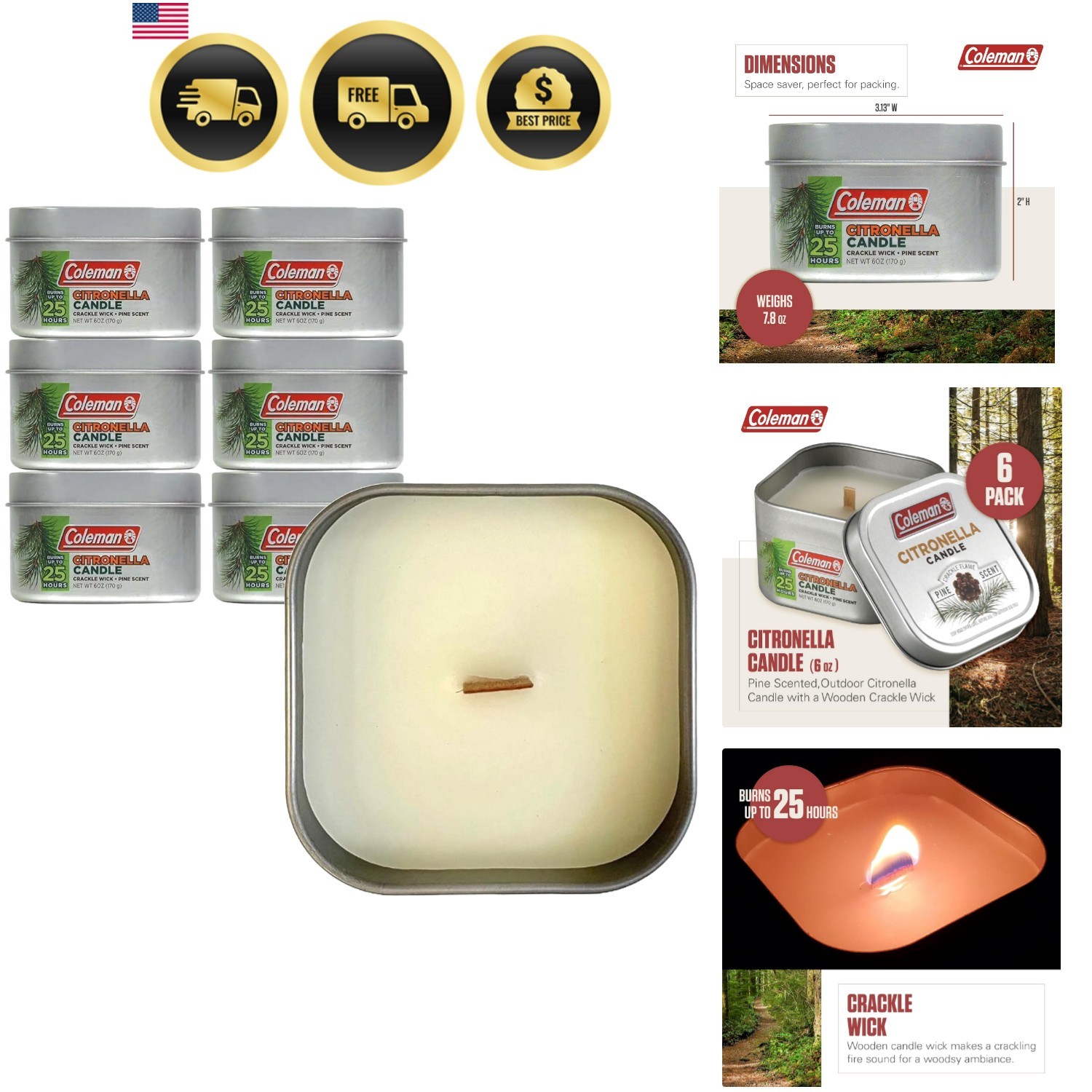 Scented Outdoor Citronella Candle with Wooden Crackle Wick, Pine Scent, 6 oz …