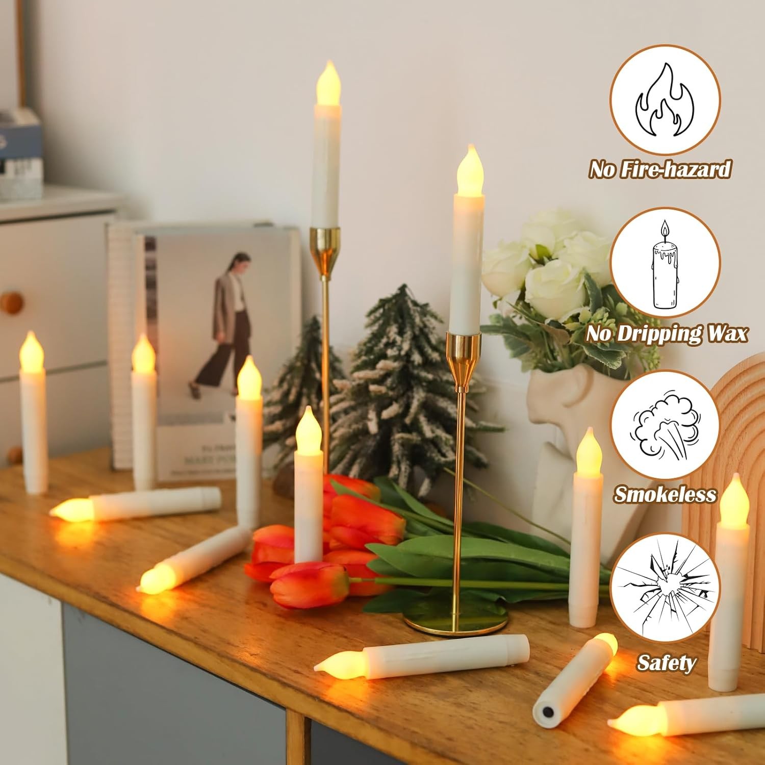 Lezonic Flameless Battery Operated Candlesticks 0.8″ x 6″, 12 Pack(Touch)