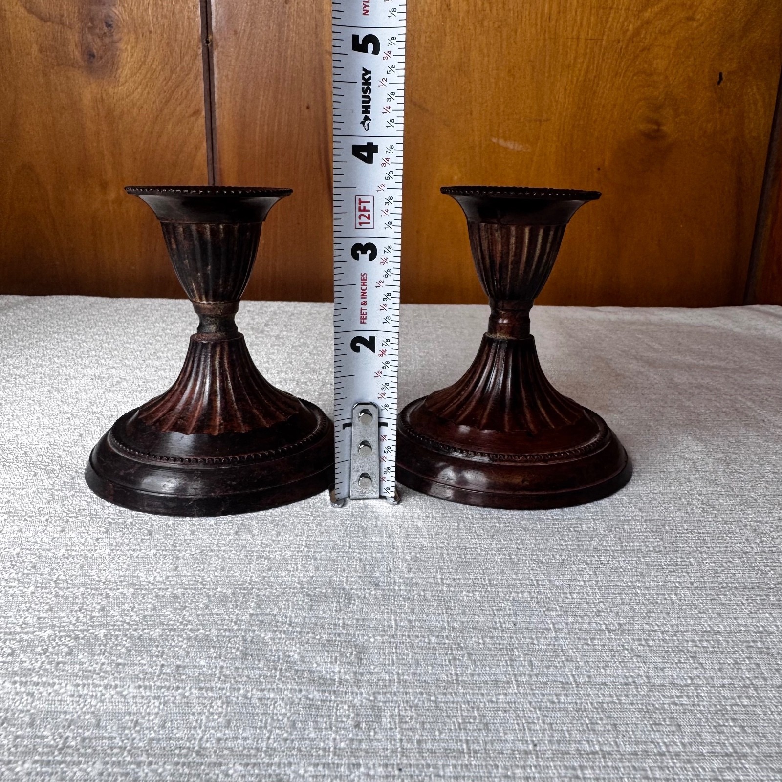 Vintage Hosley Solid Brass Candlestick Holders Pair Fluted Dark Patina India