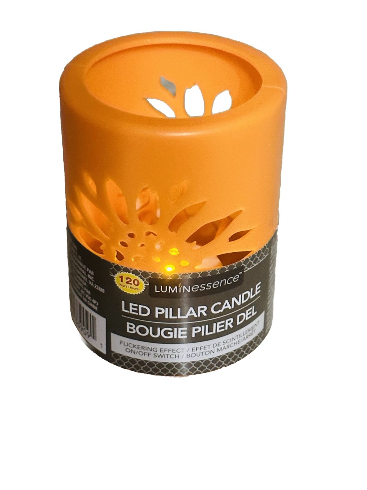 Luminescence 120 Hours Orange LED Pillar Candle 5” Flicker Effect- On/Off Switch