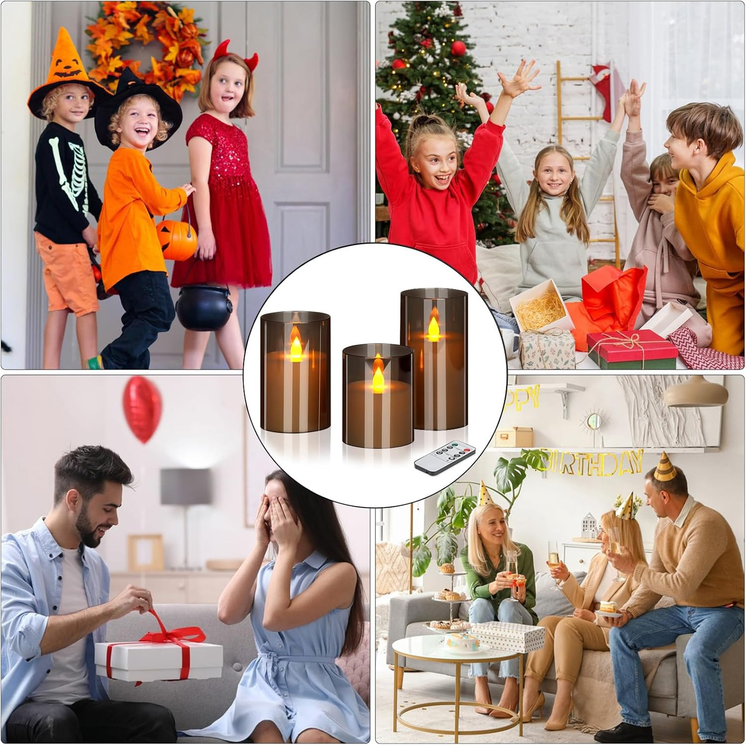 Flameless Candles 4″ 5″ 6″ Set of 3 Acrylic Glass Pillars 3″ Diameter Battery Op