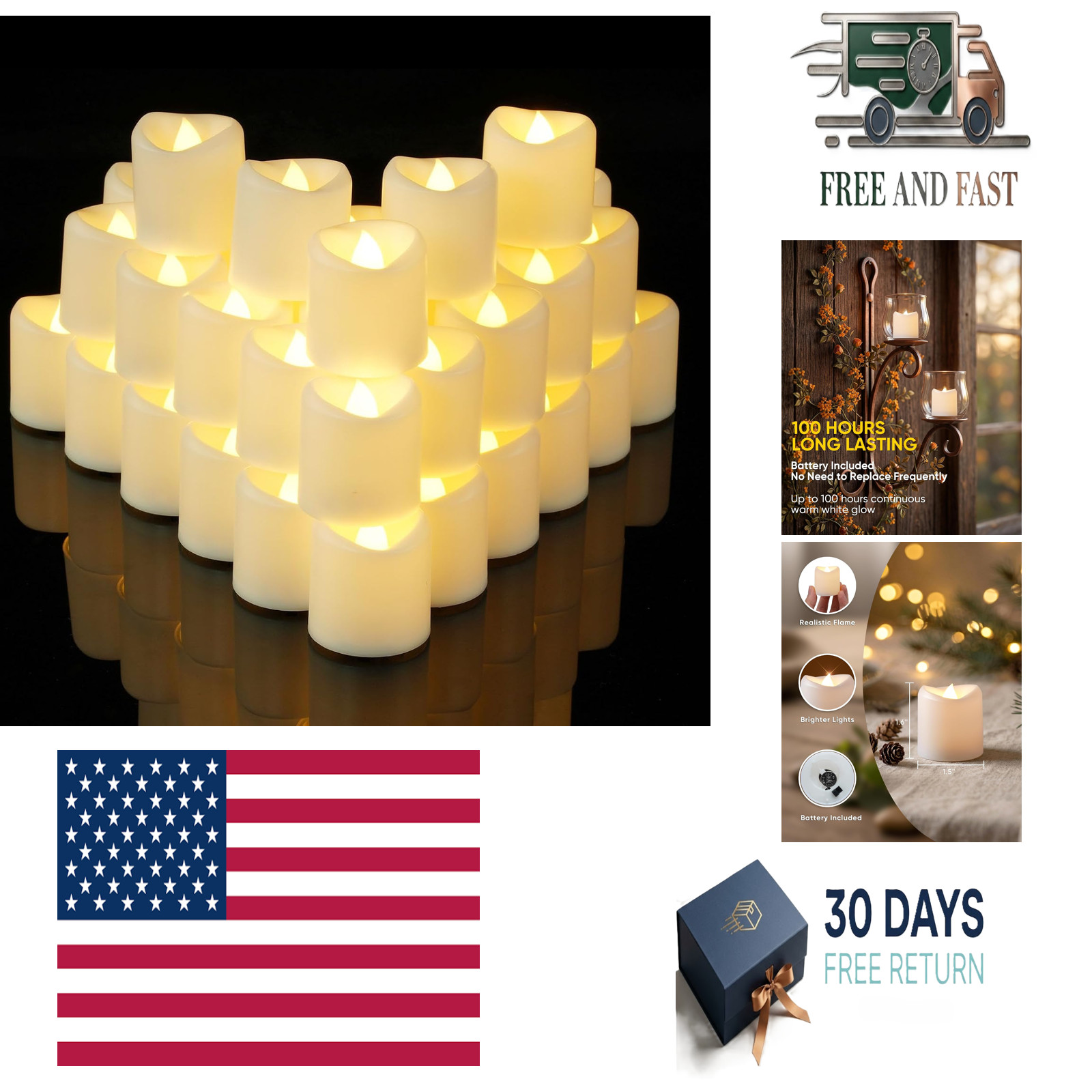 White LED Flameless Votive Tealight Candles, Warm White, 1.5″x1.6″, 24 Pack