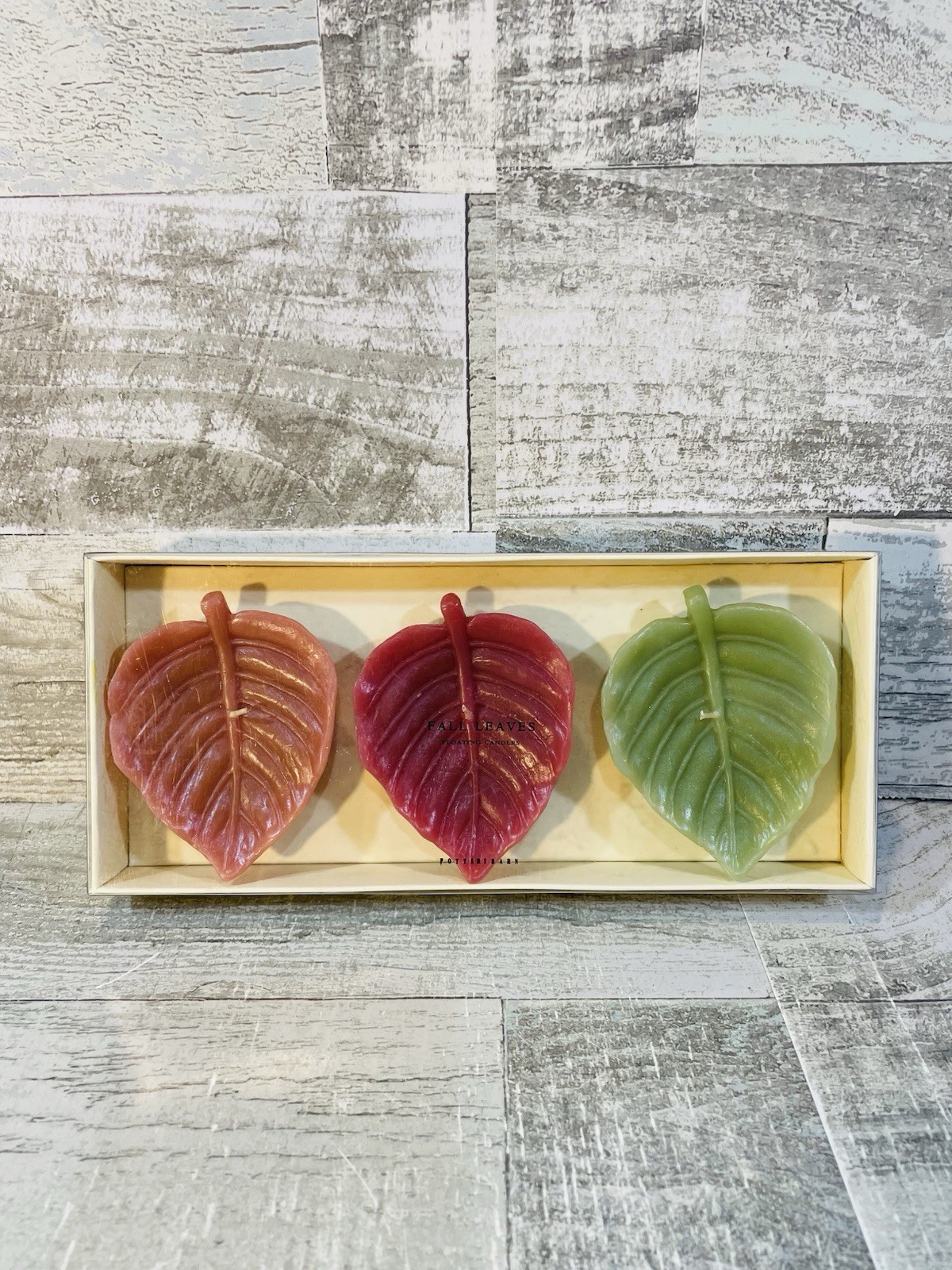 Pottery Barn Box Of 3 Fall Leaves Floating Candles NEW In Box Holidays Colorful
