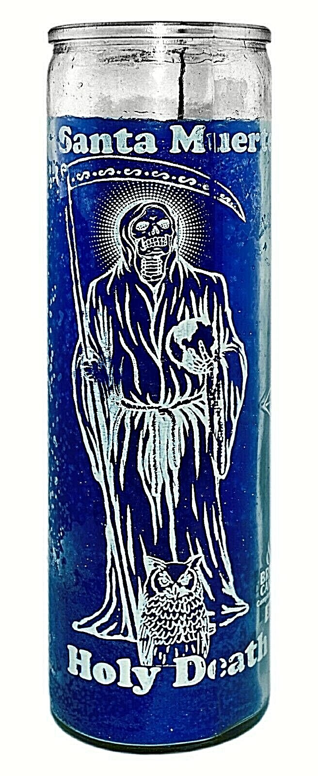 CANDLE HOLY DEATH BLUE – SANTA MUERTE AZUL UNSCENTED -BURNS 120 HOURS