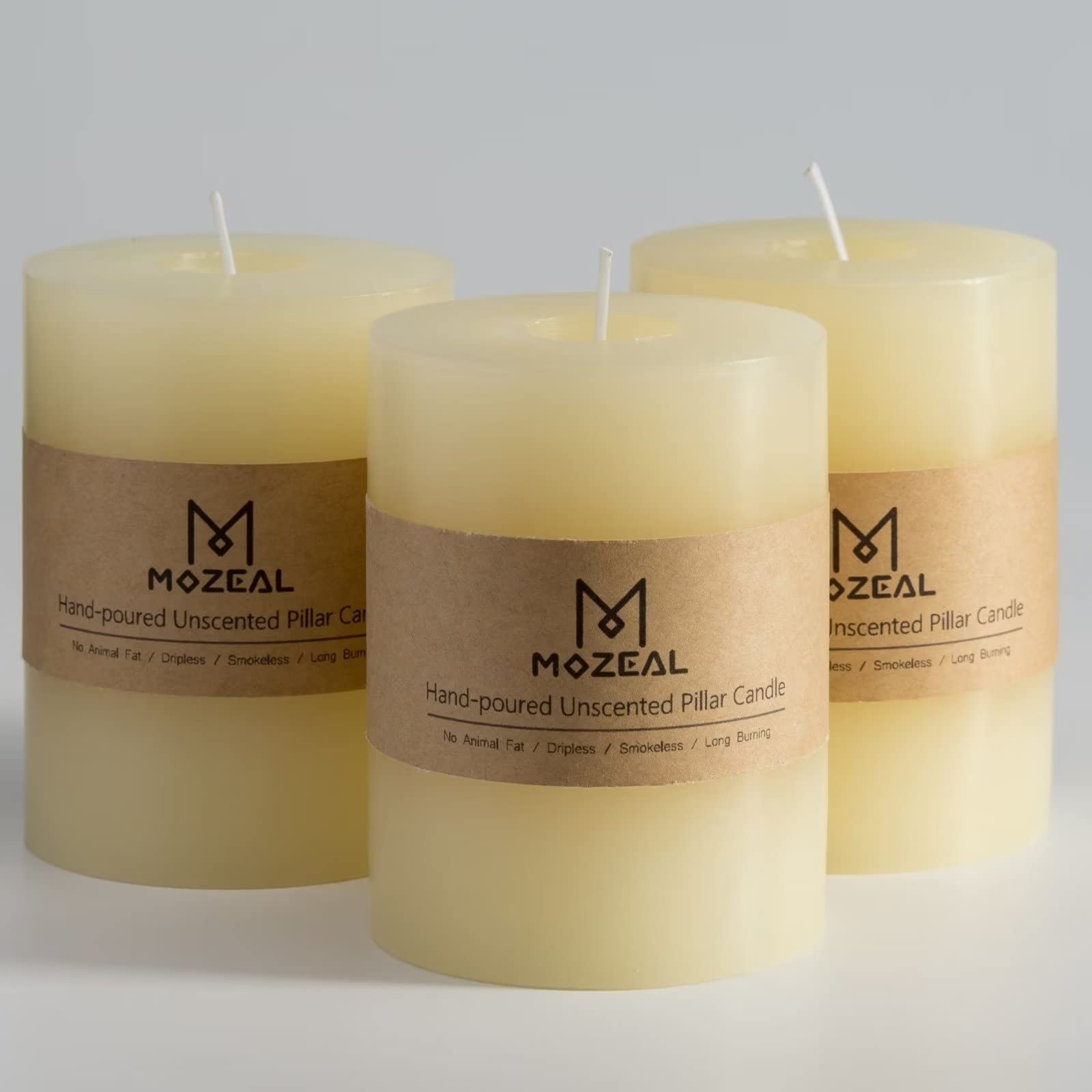 3″ x 4″ Hand-Poured Unscented Dripless Pillar Candle Set 3 Long Clean Burning