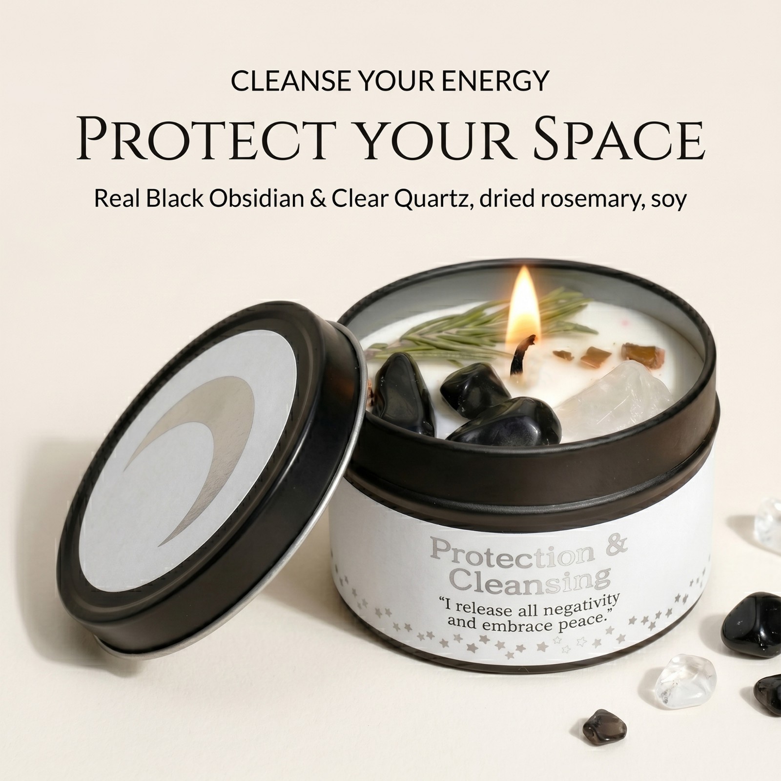 2 Pack Black Obsidian Crystal Candle Soy Protection Cleansing Manifestation Gift