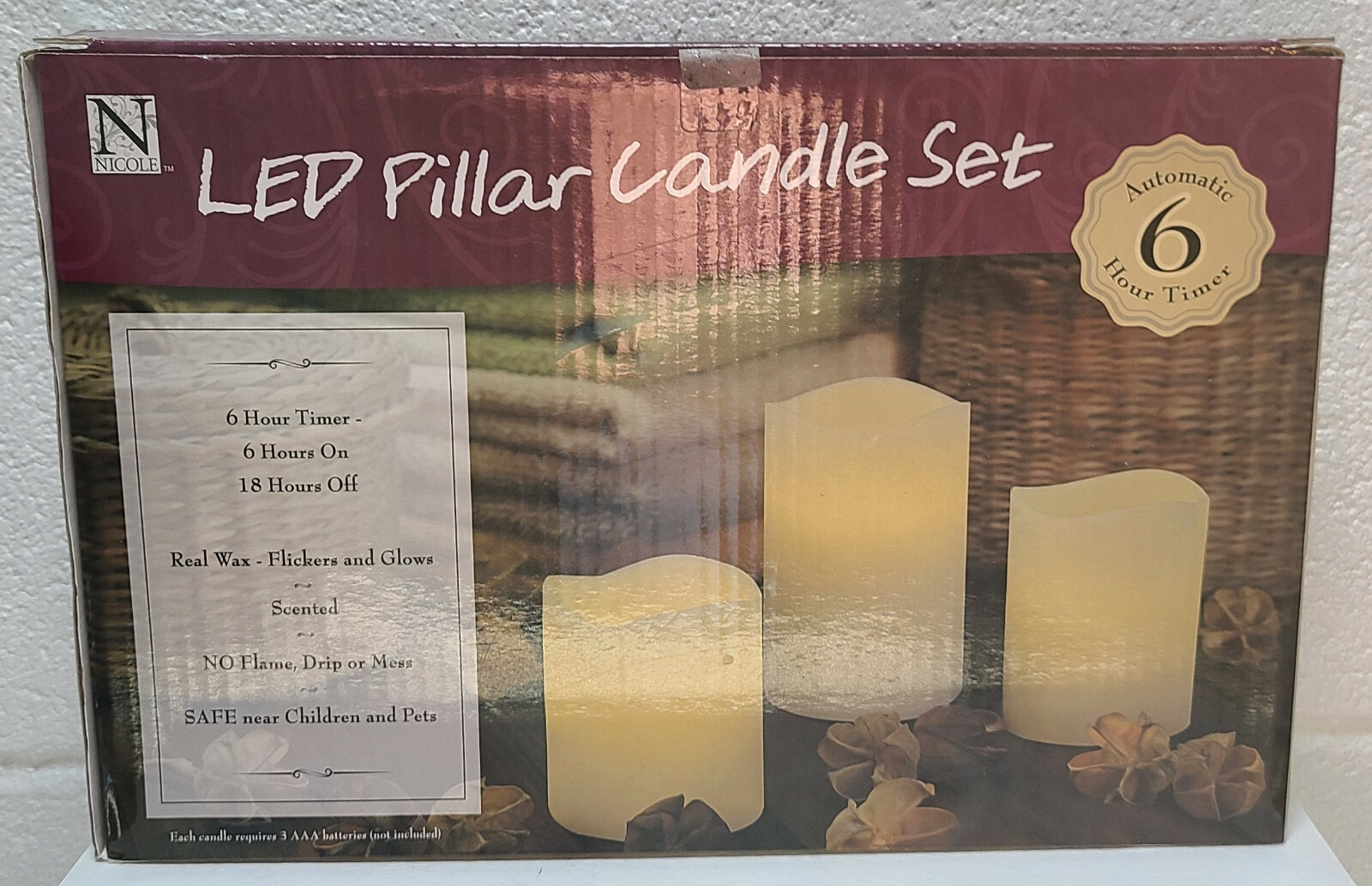 Nicole Led Pillar Candle Set Vanilla Scent AAA batteries to operate each one