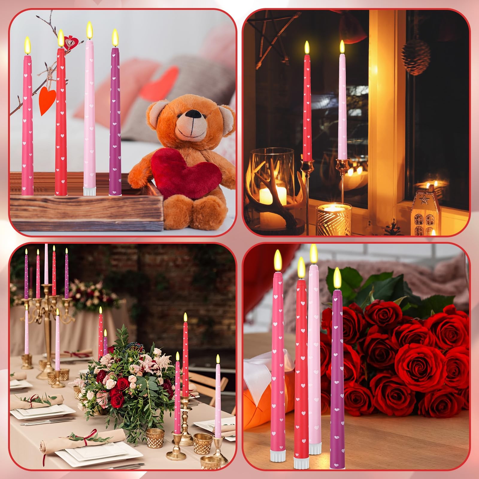 10.8 Inch Multi Color Flameless Taper Candles Heart Flickering LED 8 PCS