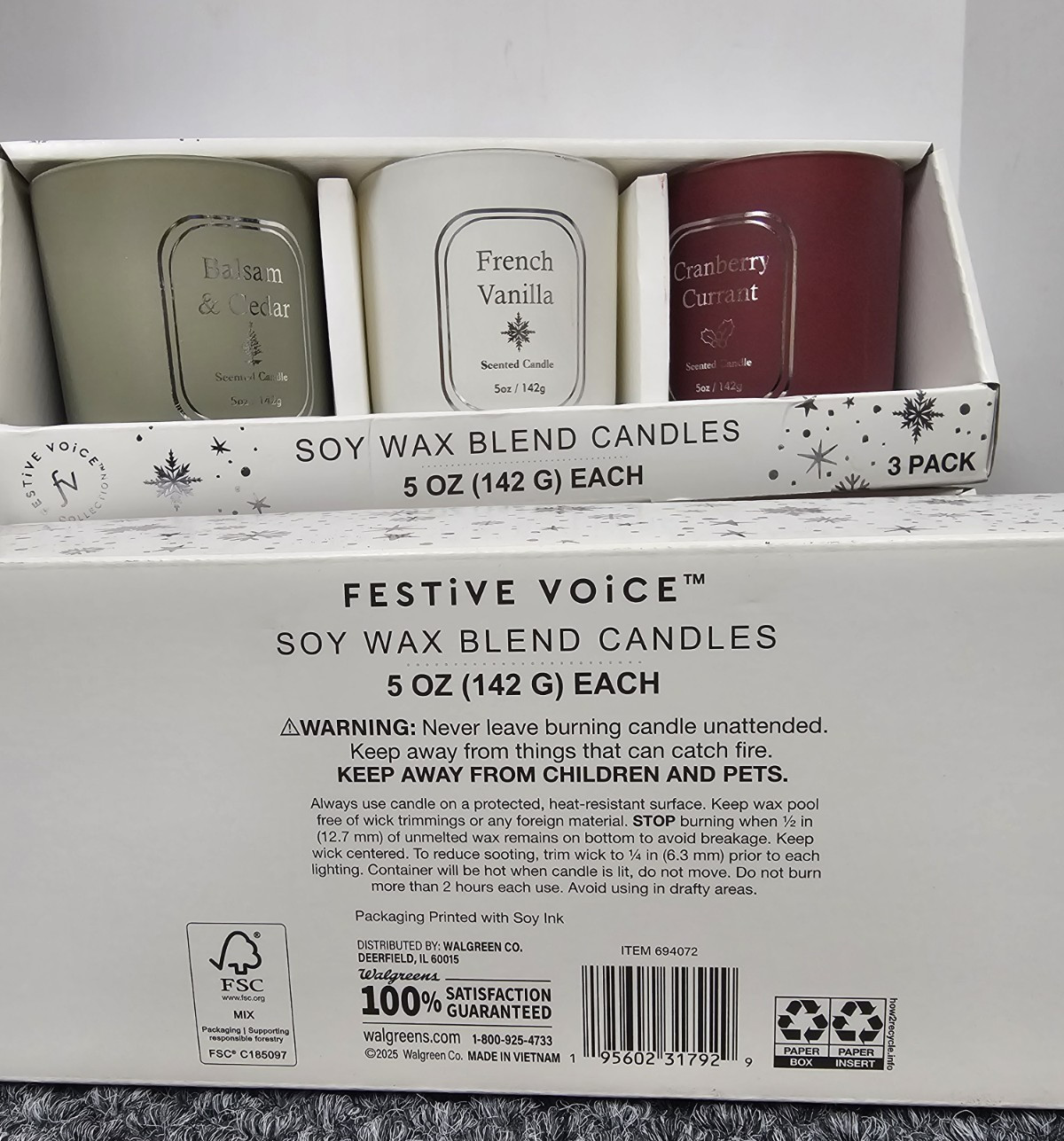 3 X 3pk Festive Voice Soy Wax Blend Scented Candles Balsam Vanilla Currant 9 TTL
