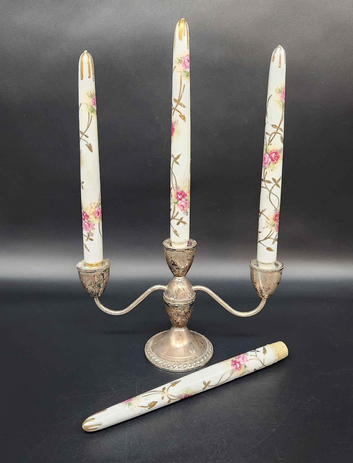 Set of 4 Antique? Porcelain Faux Taper Candles Hand Painted Floral Gold Accents