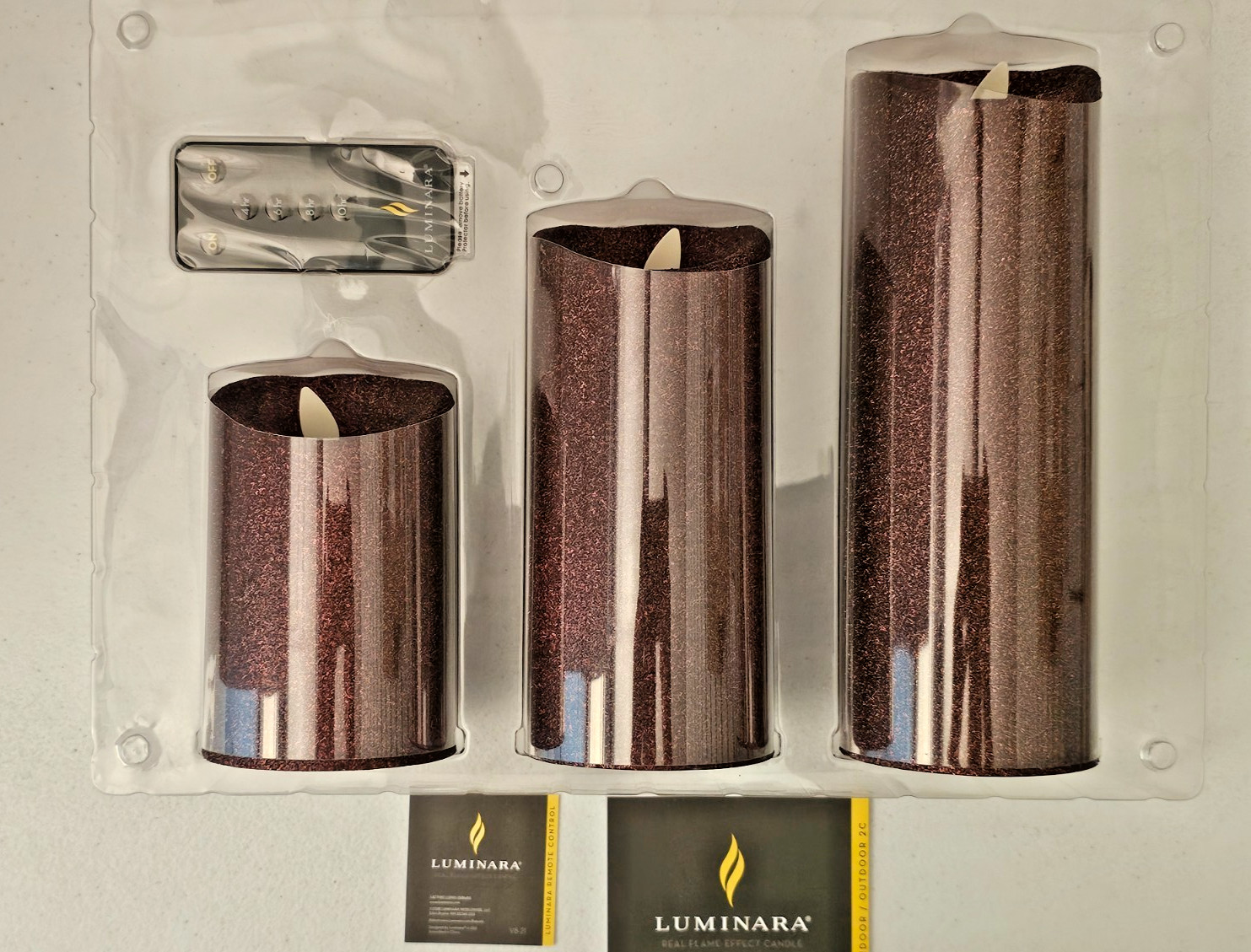 Luminara Brown Glitter 3 Pillar Candle Set Remote Control 5″, 7″ & 9″ X 3″