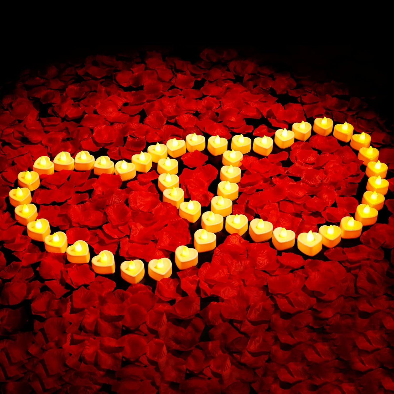 3000 piezas de pétalos de rosa artificiales con 48 piezas de llamas de corazón