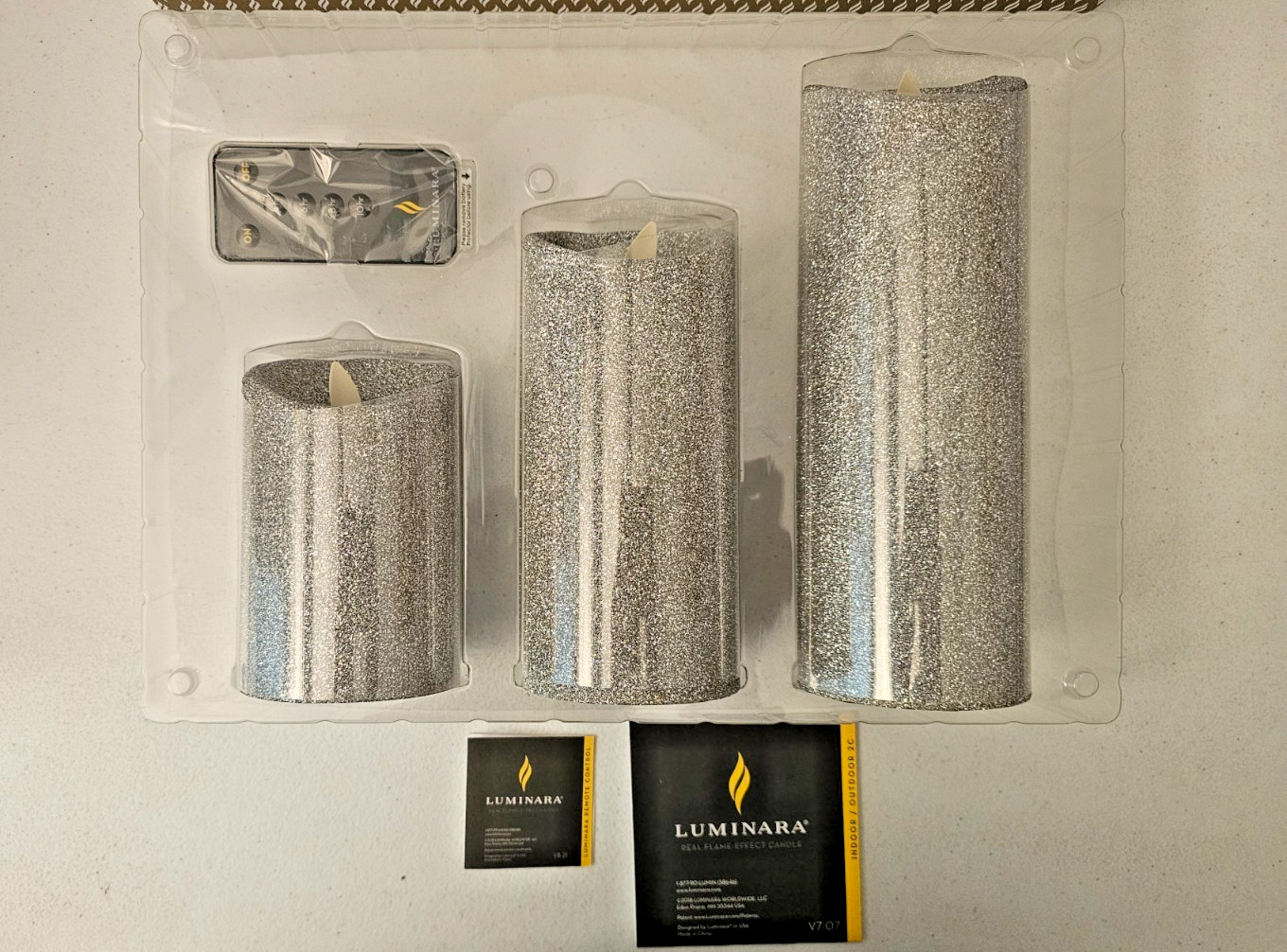 Luminara Silver Glitter 3 Pillar Candle Set Remote Control 5″, 7″ and 9″ X 3″
