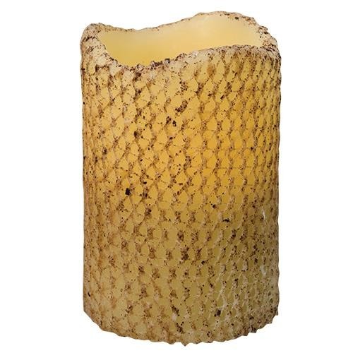 Primitive Burnt Ivory HONEYCOMB Texture LED Pillar Candle 4.5″T x3″W — Timer