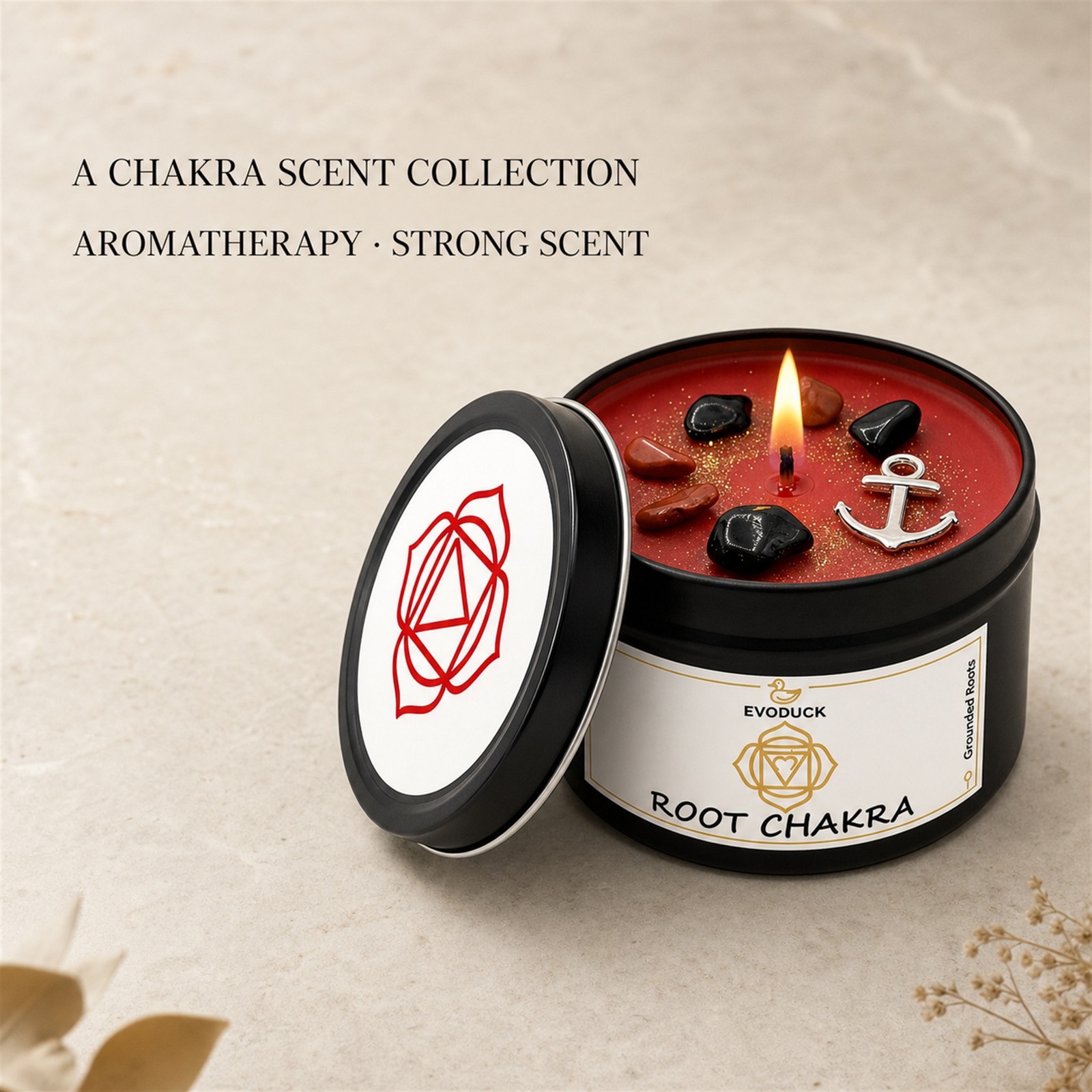 3-Piece EVODUCK Lower Chakra Healing Candle Set, Crystals, Balance Chakras