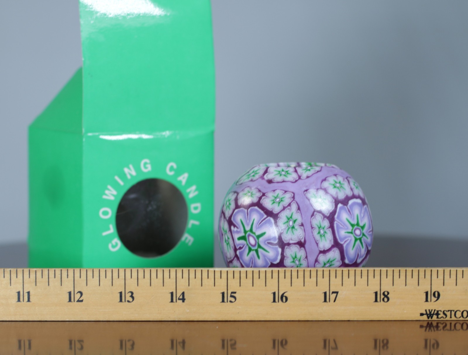 Millefiori Glowing Candle Green Purple Orb Mosaic Flower Psychedelic 90s NOS
