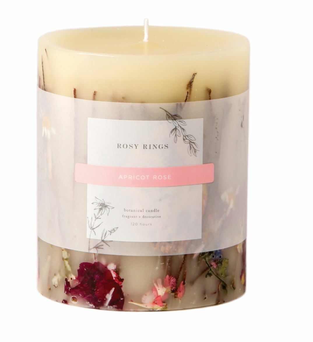 ROSY RINGS, APRICOT ROSE LUXURY MEDIUM BOTANICAL CANDLE, 6.5″ TALL, 200 HRS