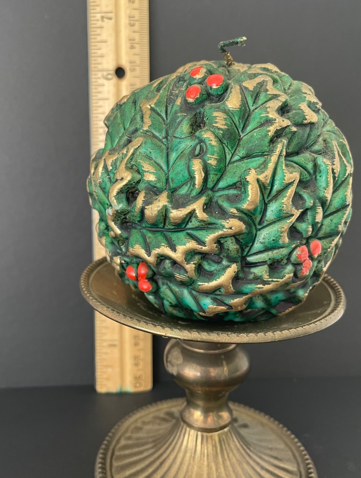 Pier One Christmas Holly Berry Ball Textured Sphere Candle w/Brass Holder