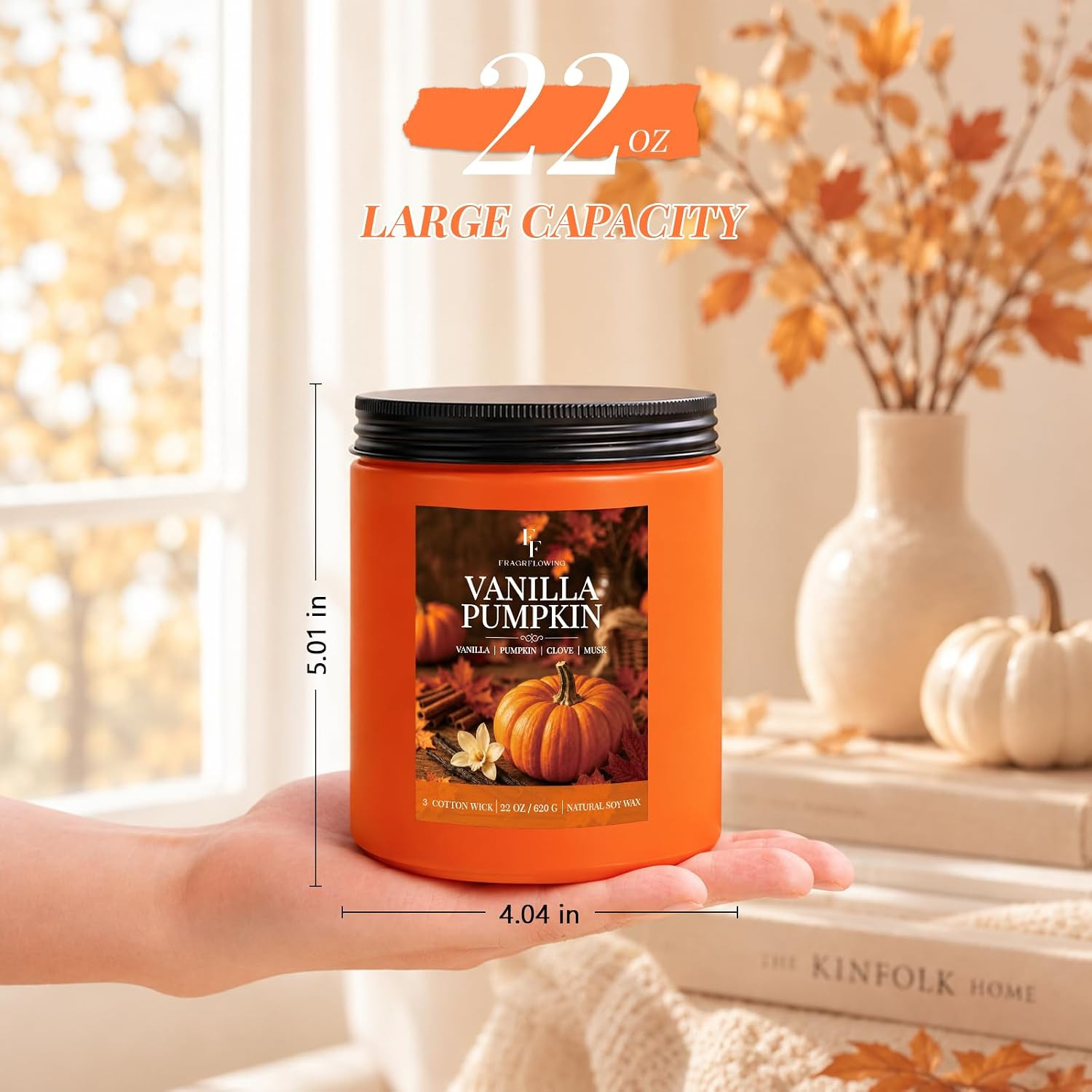 Large Fall Candle Vanilla Pumpkin Scented, 3-Wick 22Oz Long Lasting | Soy Wax