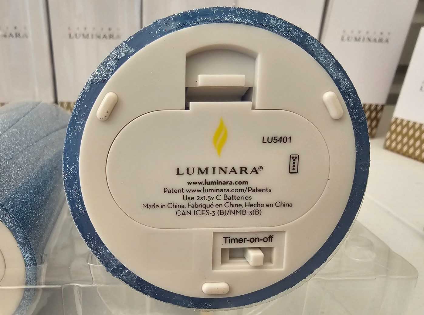 Luminara Icy Blue Glitter 3 Pillar Candle Set Remote Control 5″, 7″ and 9″ X 3″