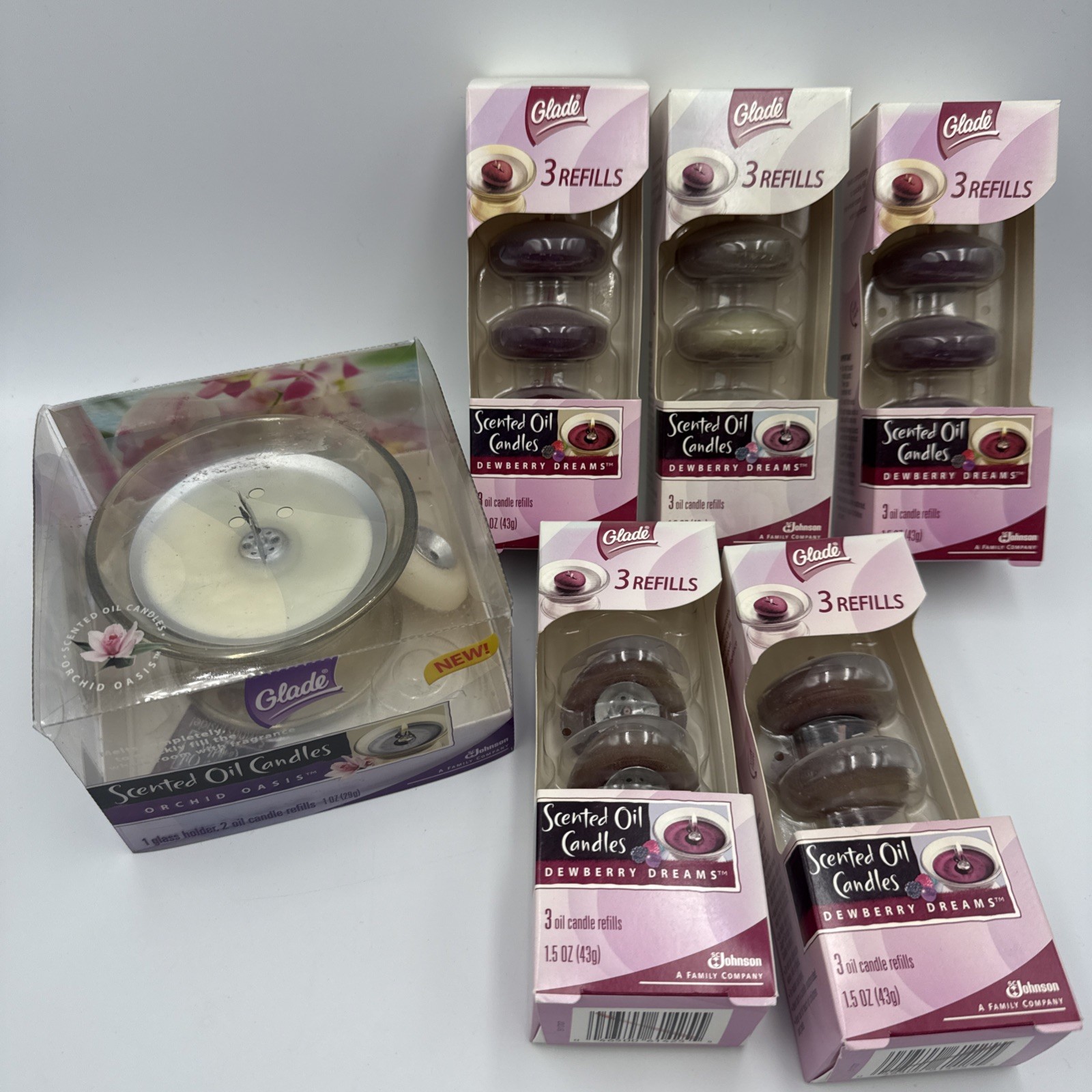 NOS Glade Scented Oil Candles Unit And Refills 5 Packs of 3 Refills Dewberry