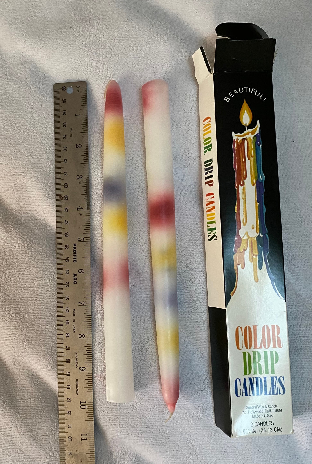 2 Per Pack Rainbow Multi Wax Color Drip Candles 9 1/5 ” Tall Vintage New