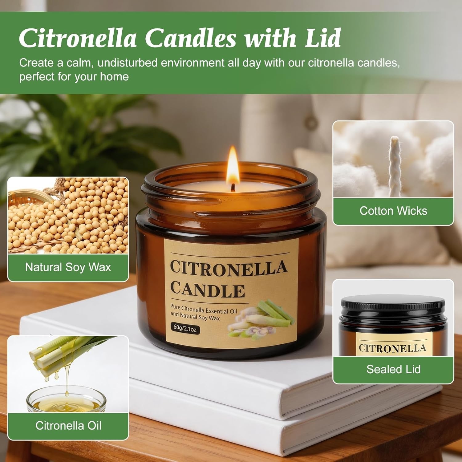 Citronella Candles Outdoor, 8 Pack Citronella Candles with Lids, 120 Hours Bu…