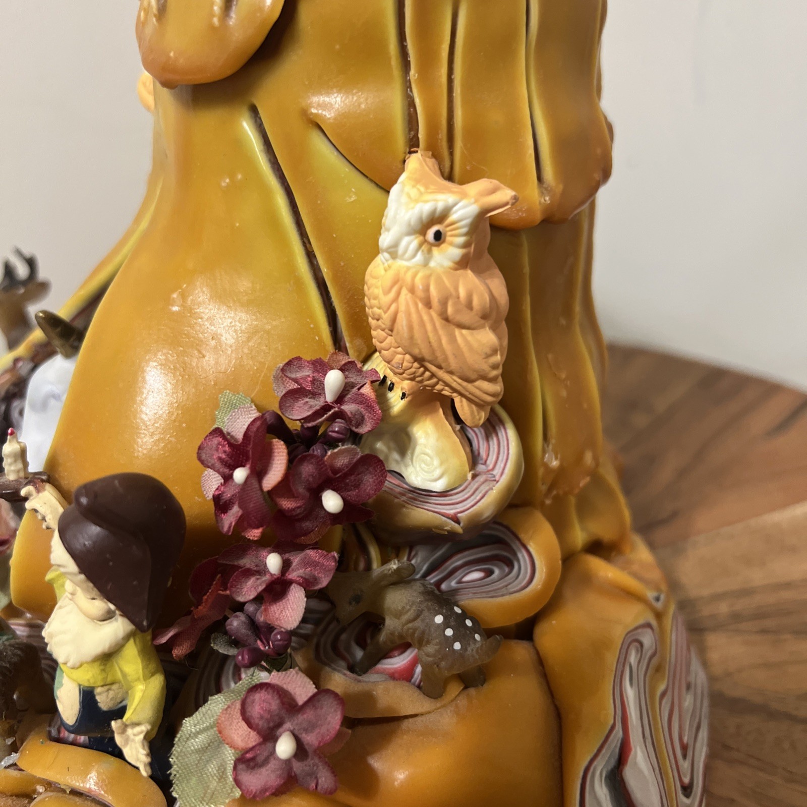 Vintage Candle Woodland Sculpted Tree Stump Elf Deer Owls Hand Carved Wax Art