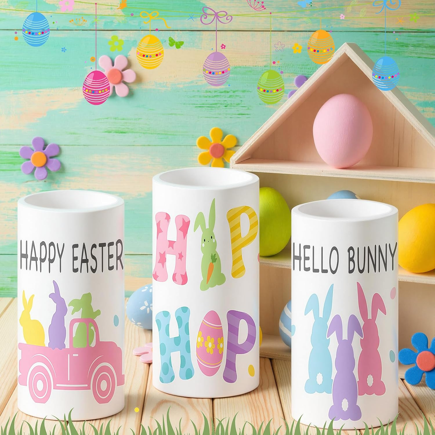 3 Pcs Pastel Easter Flameless LED Candles Battery Operated Bunny Spring Flickeri