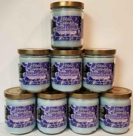 Smoke Odor Exterminator 13 oz Jar Candle, Blue Serenity Set of Eight Candles.