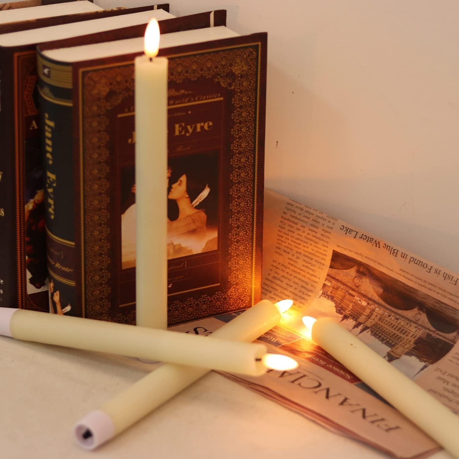 Set of 2, 8″ LED Taper Real Wax Flameless Taper Candle Moving Wick Ivory Wedding