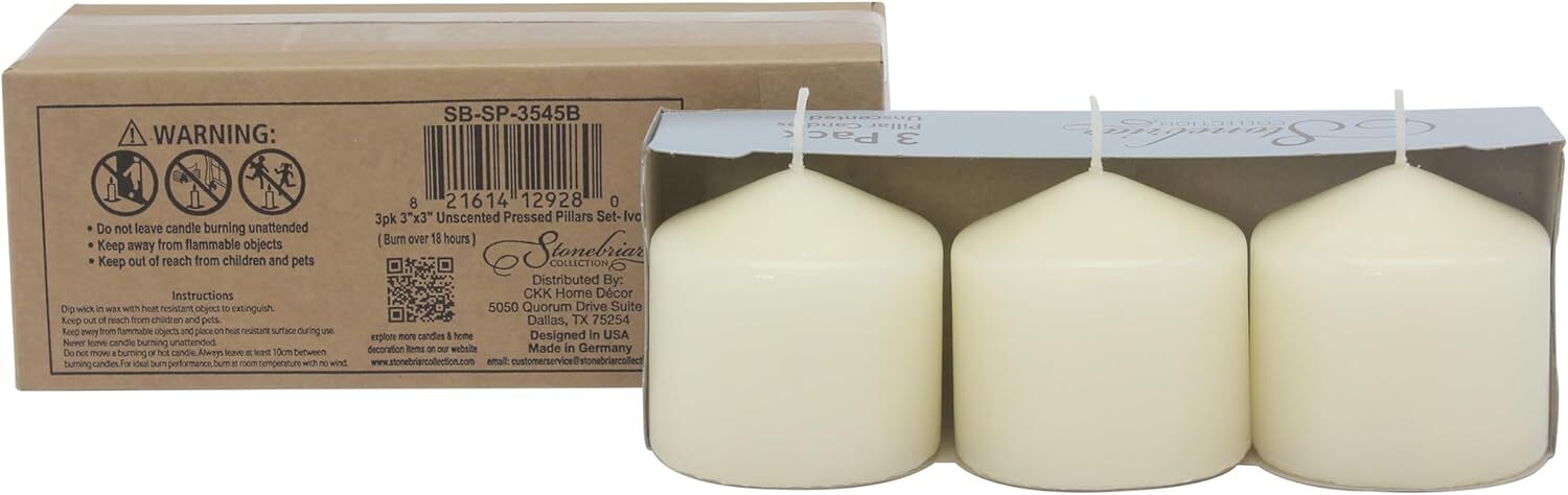 6 Pack Tall 3 x 3 Inch 18 Hour Long Burning Unscented Ivory Wax Pillar Candles