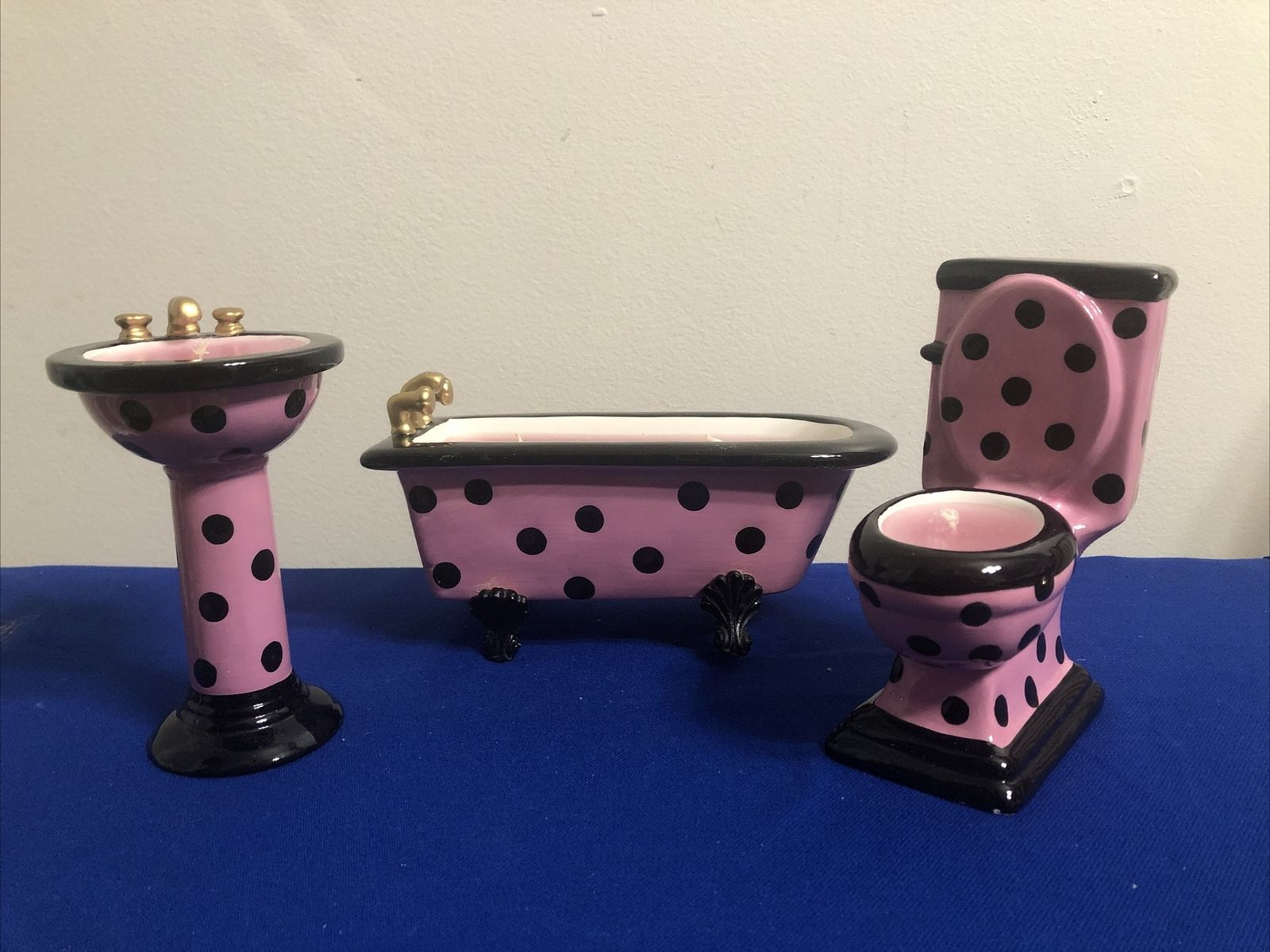 Ceramic Bathtub, Toilet & Sink Candle Set – Pink Polka Dot Design