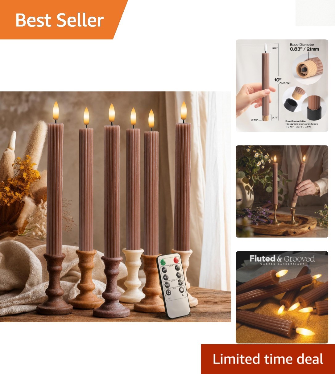 6 Pack 10″ Dimmable Fluted LED Candles – Real Wax, Remote & Timer Functions