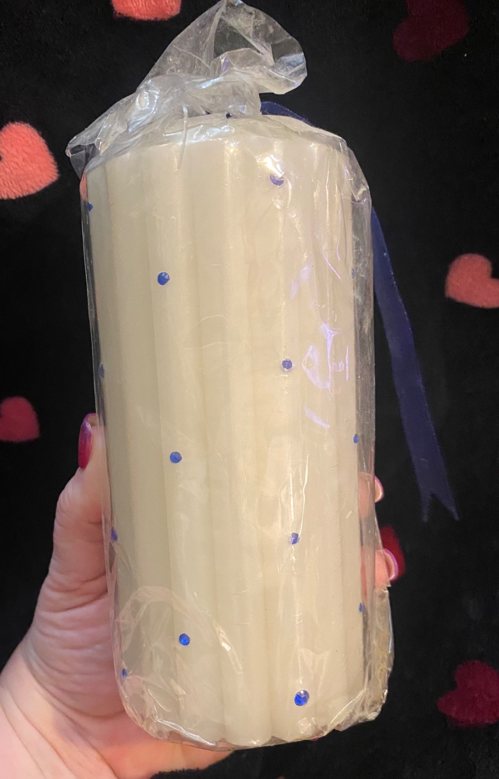 NIP Cream&Blue Bling Pillar Candle Bridal Jewel Vanilla Boho 6in Cotton Wick VTG
