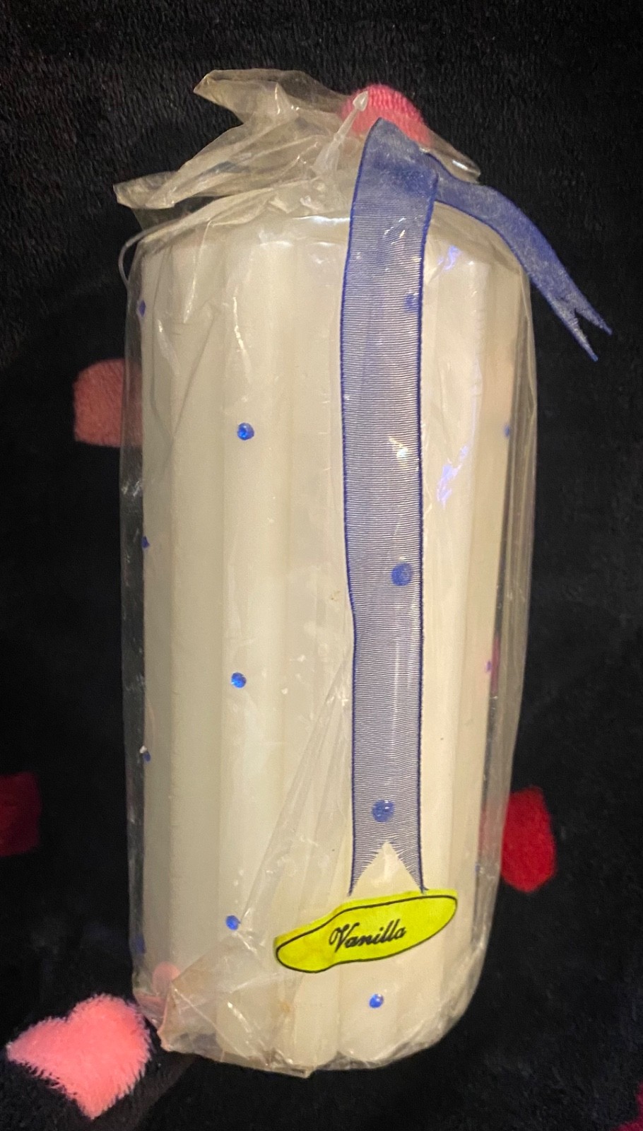 NIP Cream&Blue Bling Pillar Candle Bridal Jewel Vanilla Boho 6in Cotton Wick VTG