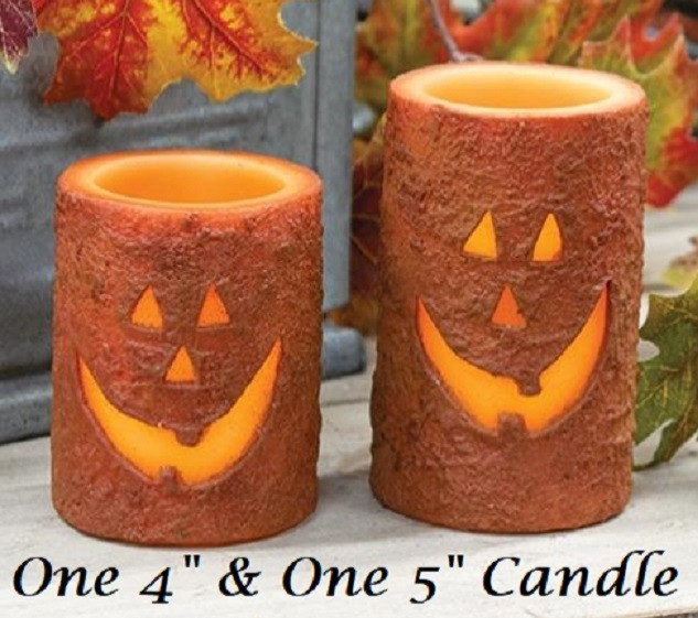 NEW PRIMITIVE HALLOWEEN JACK O LANTERN CANDLES 2PC 5″T 4″T Rustic LED Fall Timer