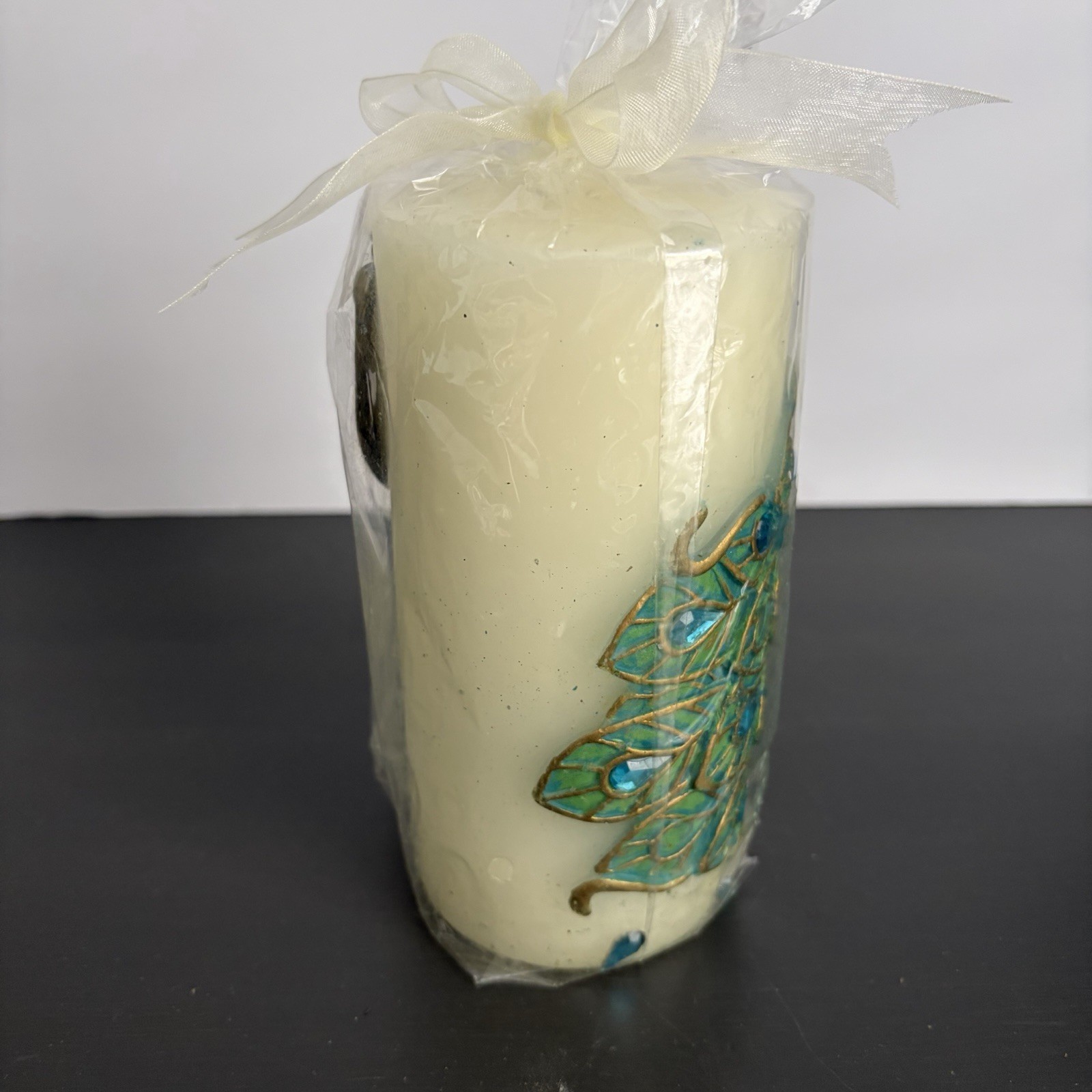 Pier One Peacock Candle Unscented Pillar 6 in Jeweled Feathers Original Package