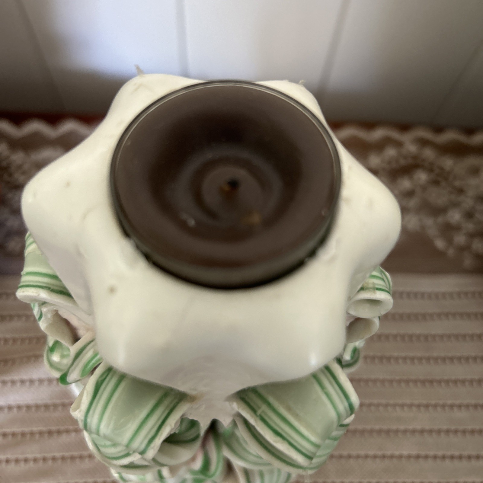 Vintage Hand Carved Pillar 10″ Candle Ribbon Bows White Pink Light Green