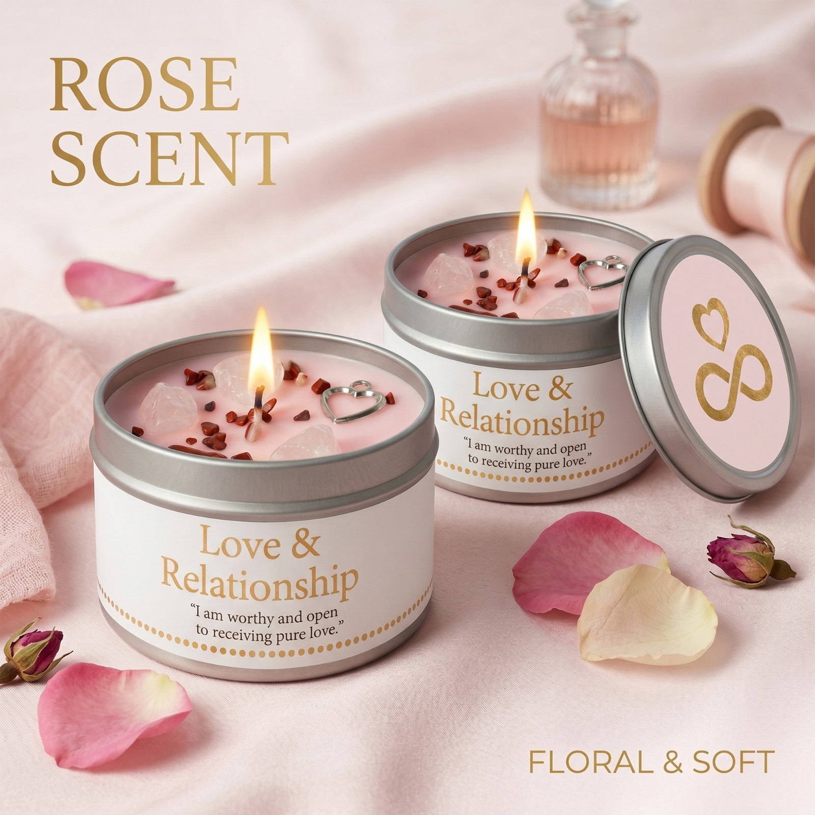 2 Pack Rose Quartz Crystal Candle Soy Love Manifestation Intention Gift