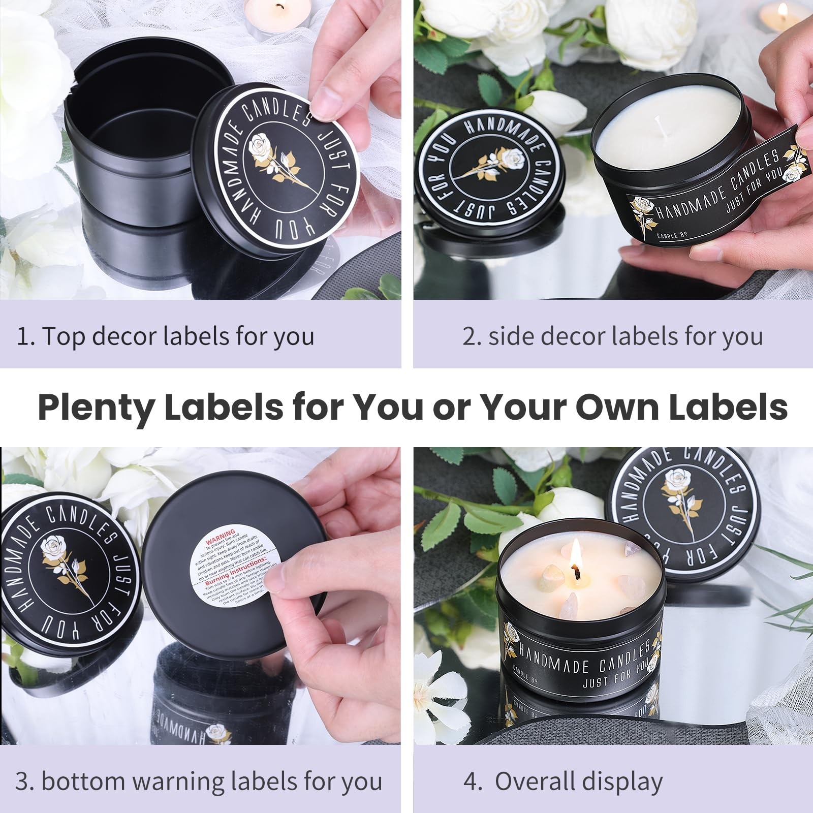 48 Pack Matte Black Candle Tins – 24x8oz & 24x4oz Containers for Candle Making,