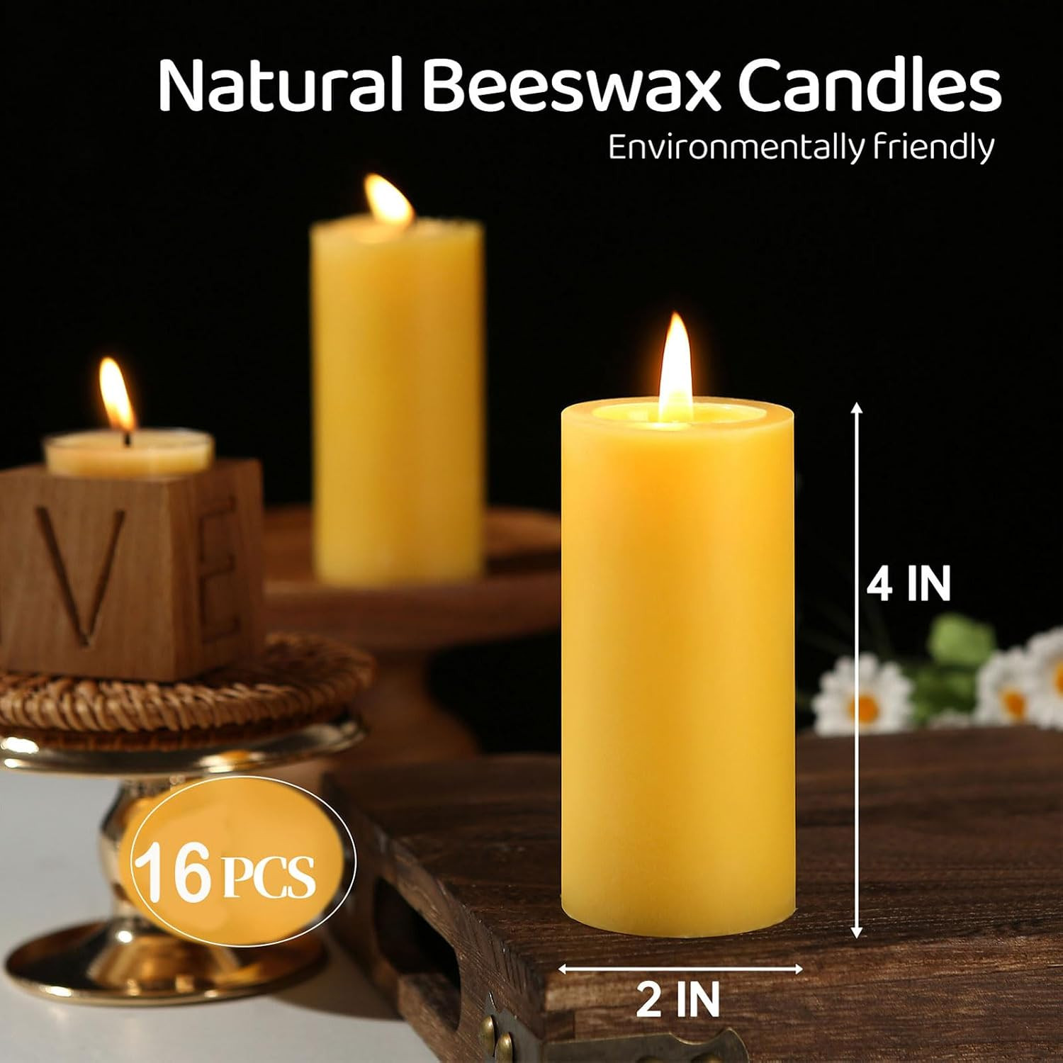 Beeswax Pillar Candles 16 Pack, Non Toxic 560 H Long Burning Candle,2x4in | 100%