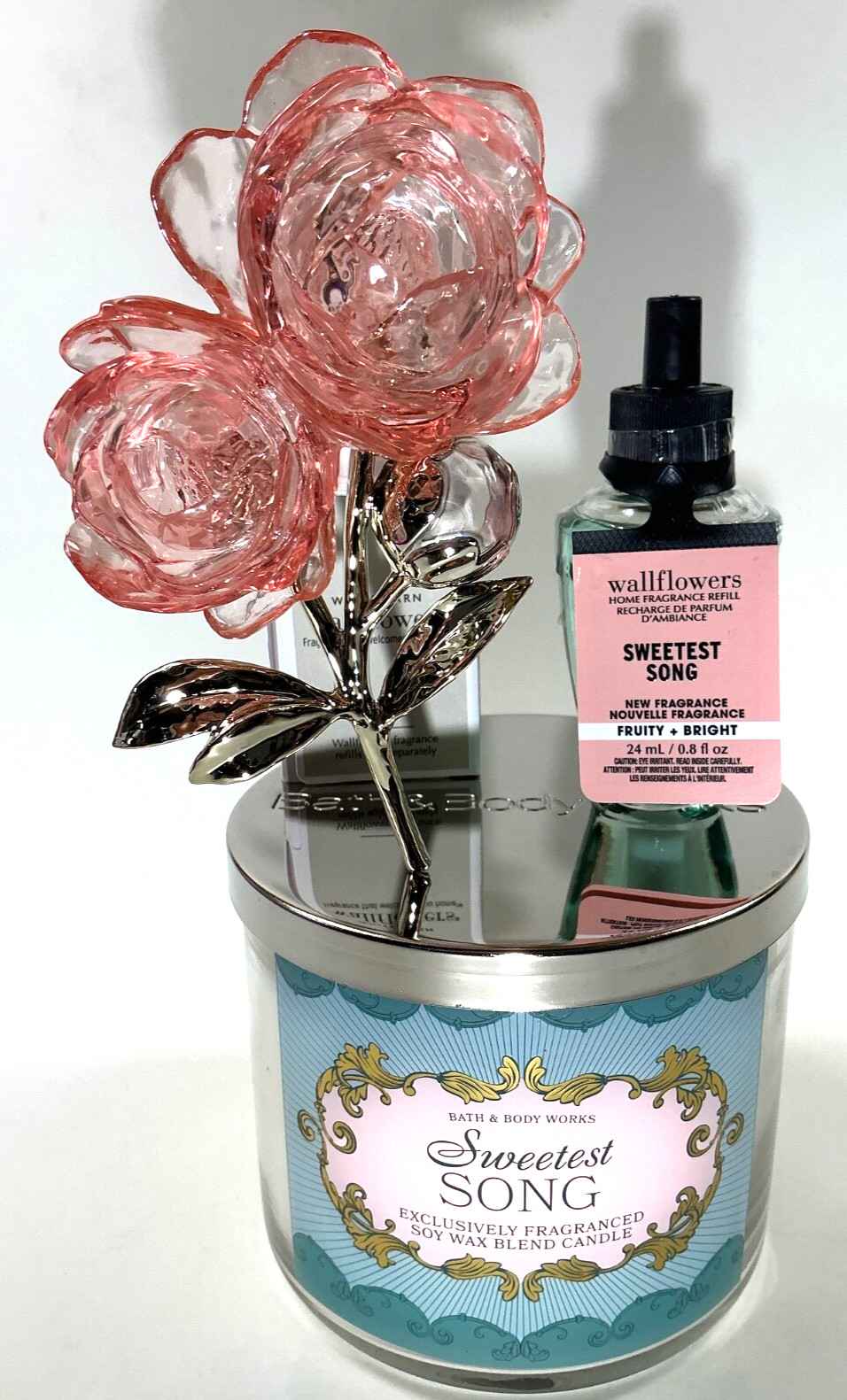 Bath & Body Works Sweetest Song 3-wick Candle + Pink Roses Plug + Refill Bulb 🌹