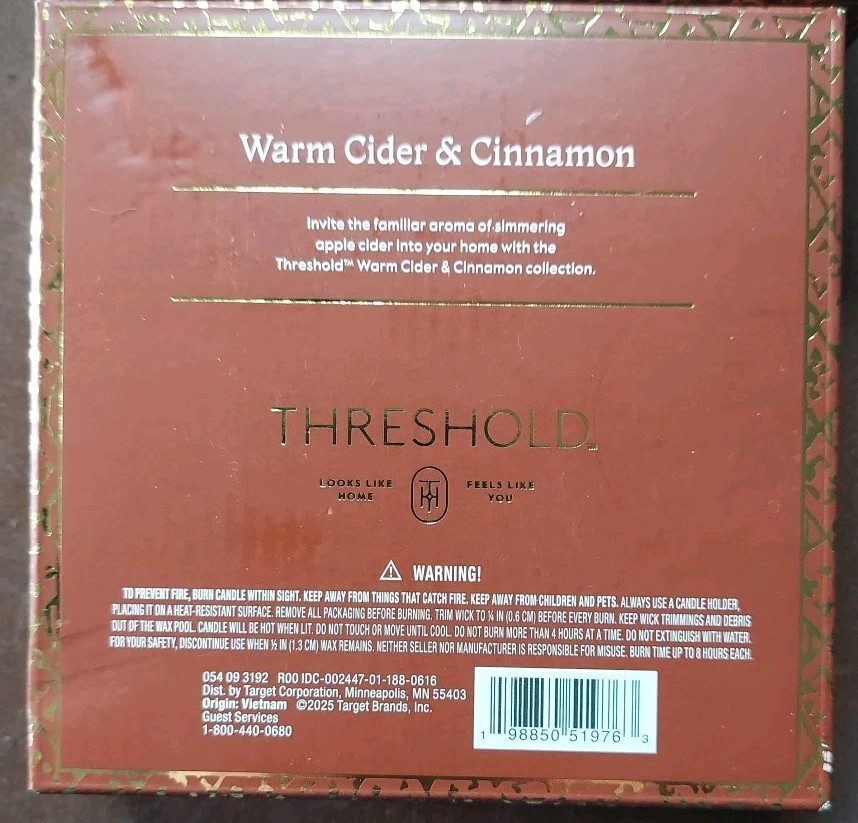 Threshold Warm Cider & Cinnamon Scent Candles – 2 Boxes /4 In Each Box (X)
