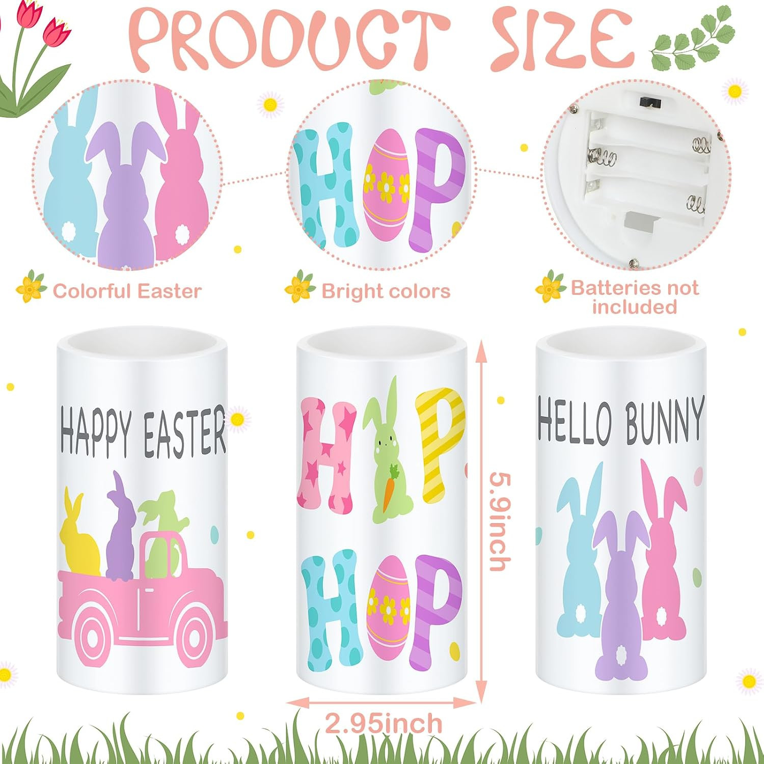3 Pcs Pastel Easter Flameless LED Candles Battery Operated Bunny Spring Flickeri
